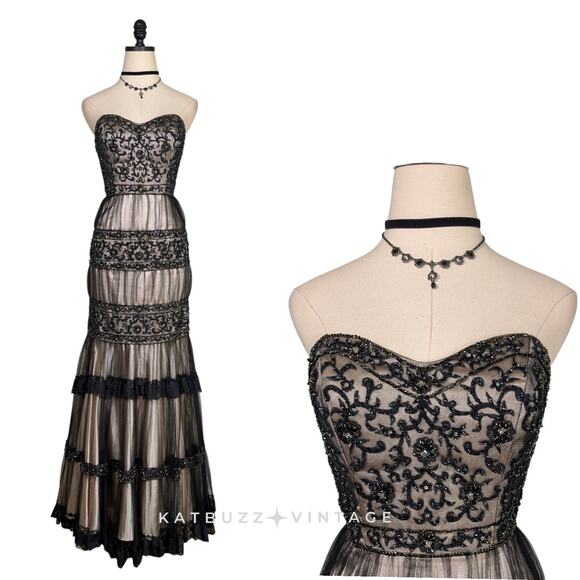 Vintage Terani Prom Dress Maxi Gown 4 Black Tan Lace Y2K Bead Mermaid Glam Guest - Picture 1 of 13